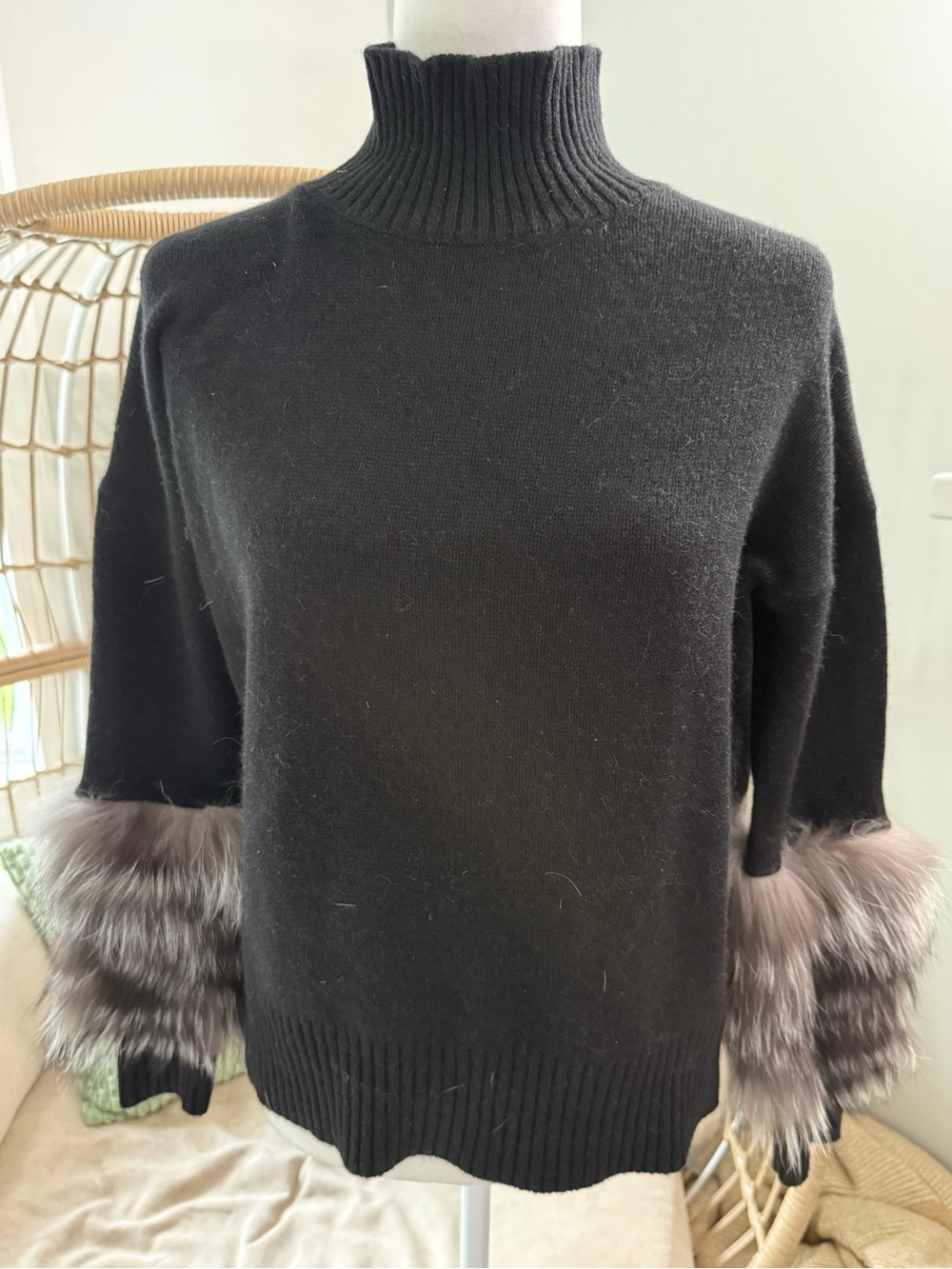 The Cashmere Project Black Cashmere Sweater Silver Fox Fur Cuffs XS